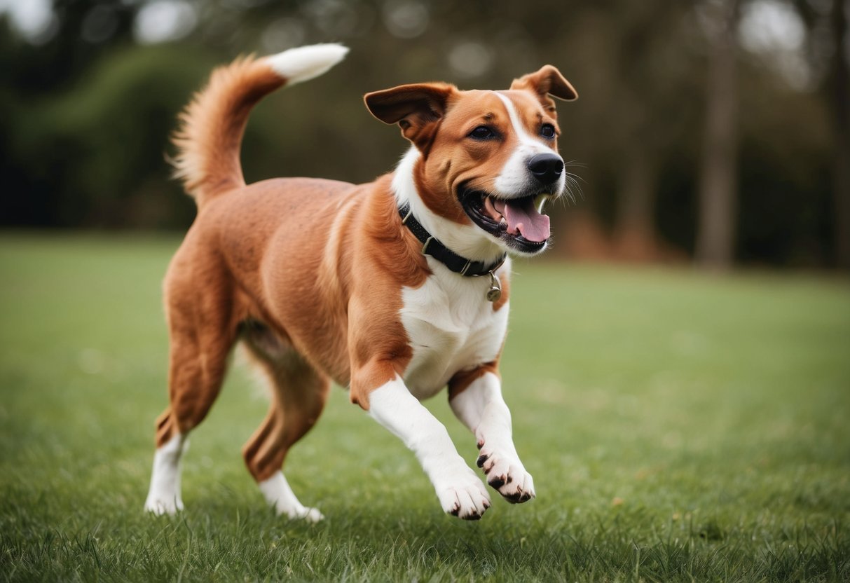A happy dog with a shiny coat and strong joints, playing energetically outdoors