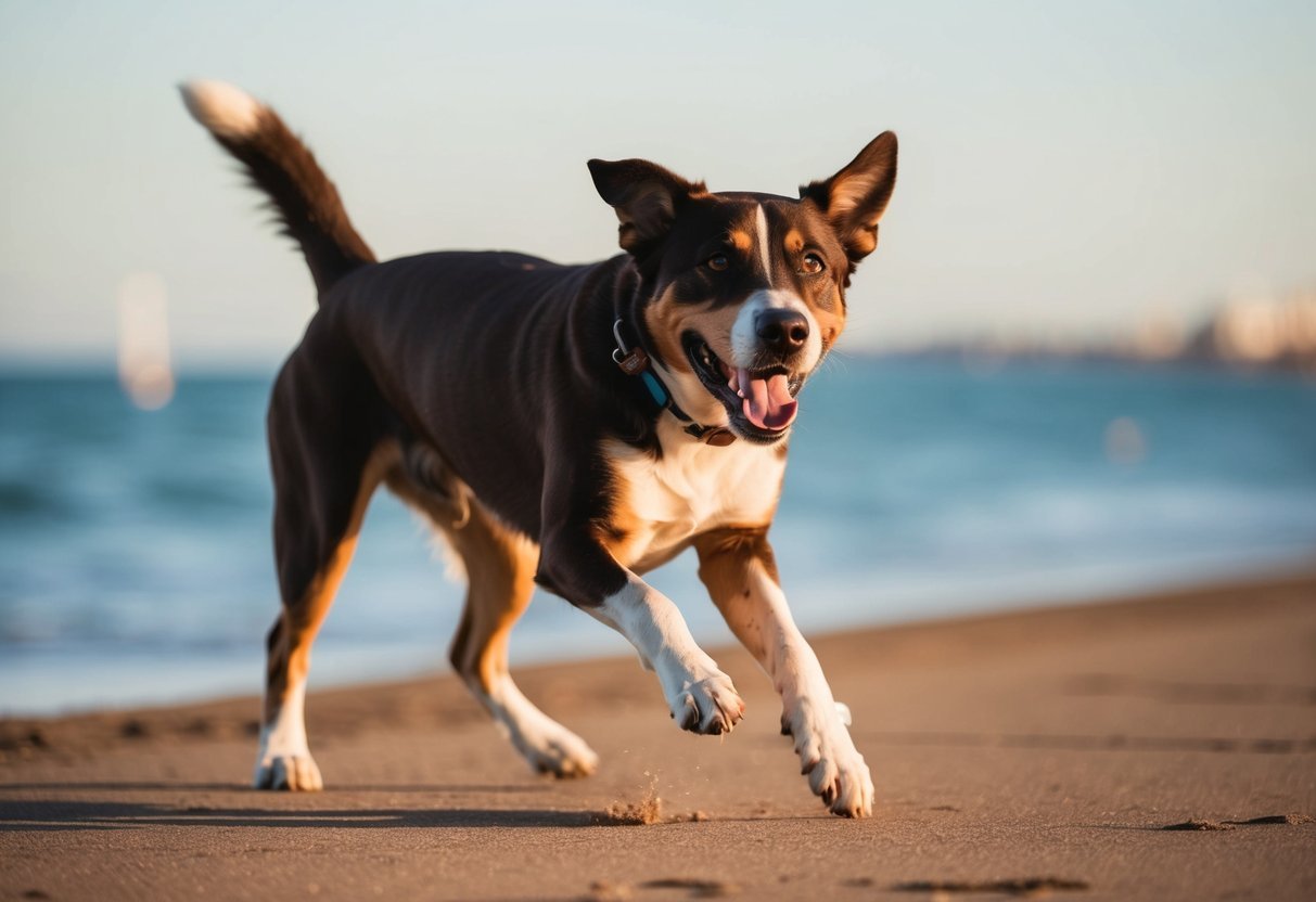 A happy dog with a shiny coat and strong bones, playing energetically with a frisbee on a sunny day by the beach