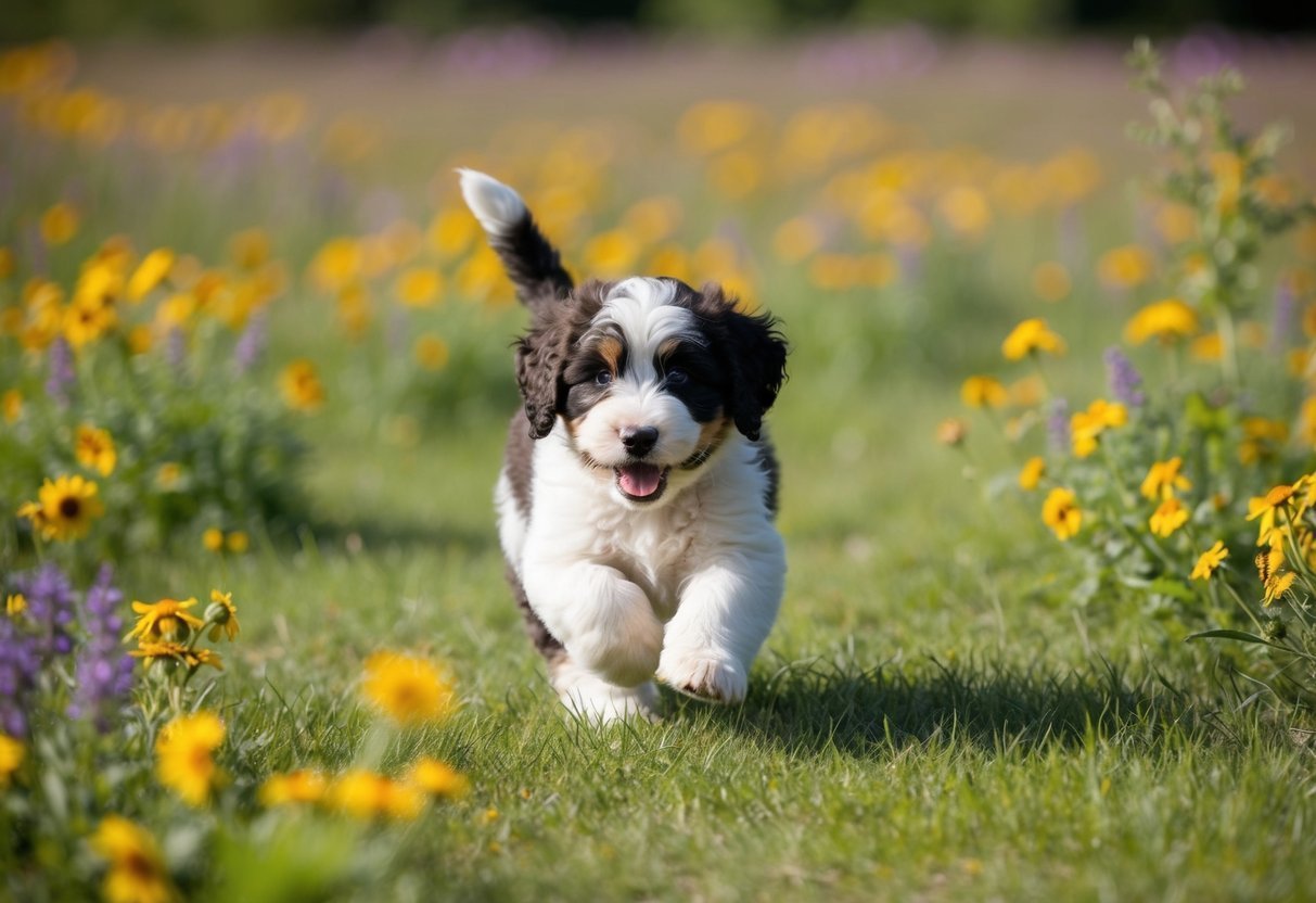Fluffy black, brown, and white puppy running through a field of wildflowers