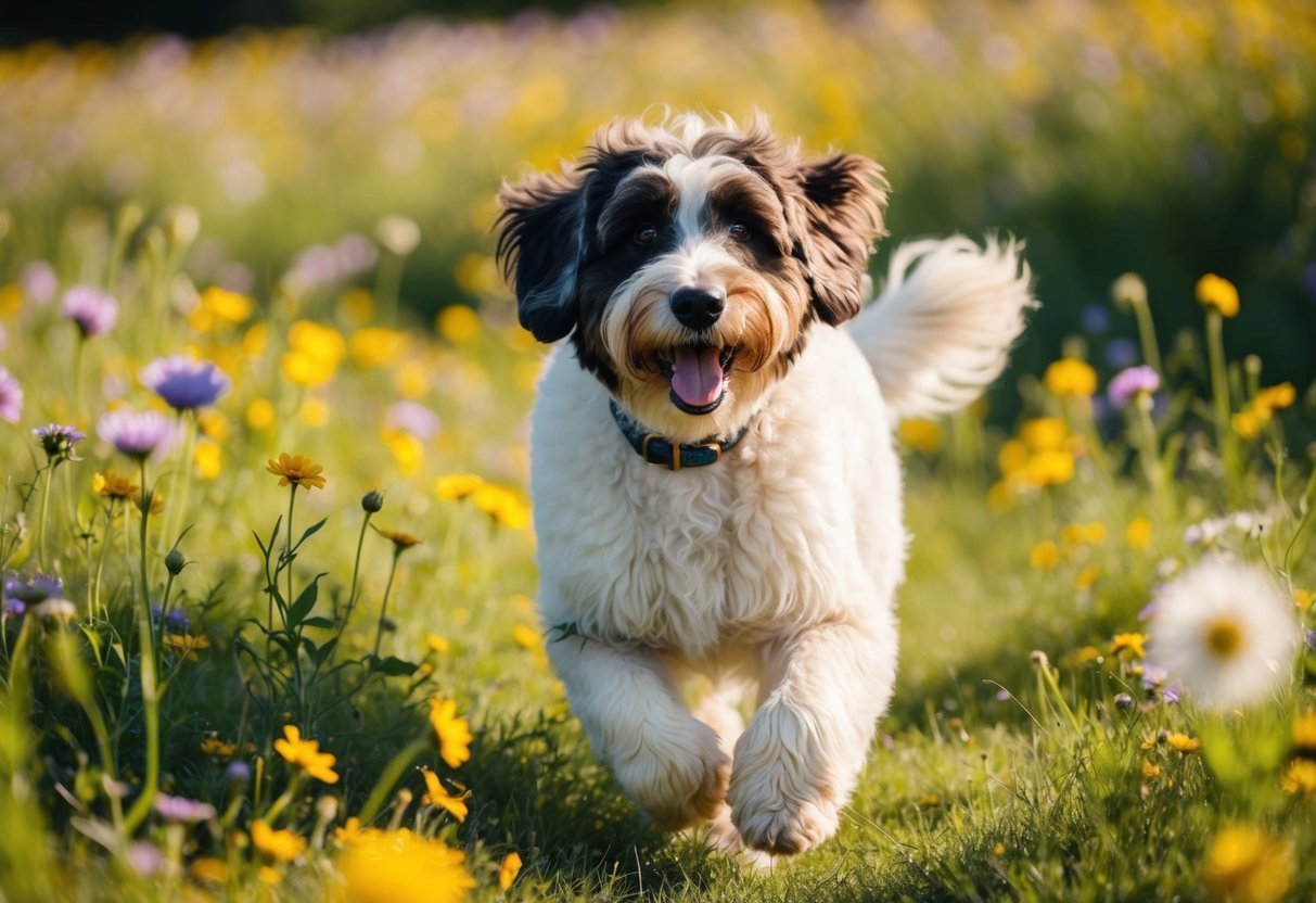 A Bernedoodle frolicking in a field of wildflowers, its fluffy coat catching the sunlight, with a joyful expression on its face