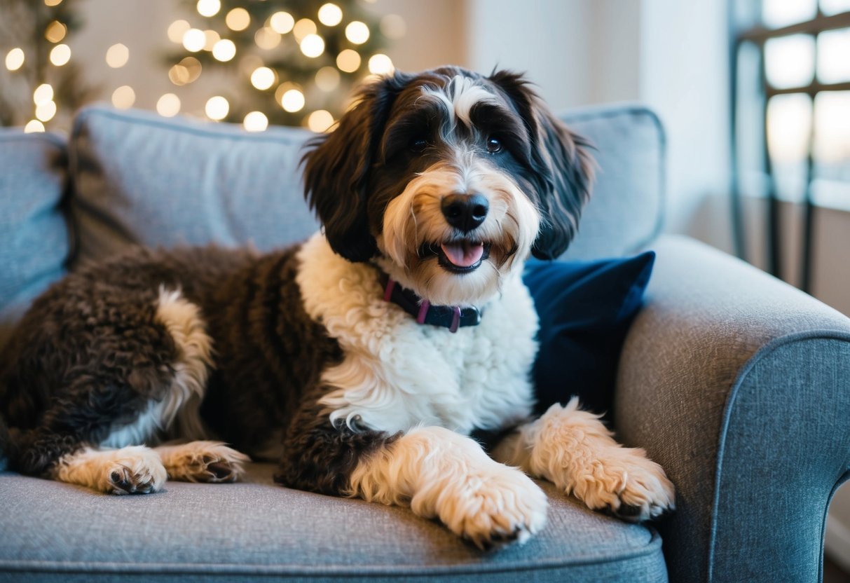 A Bernedoodle snuggled up next to its owner on a cozy couch, with a big smile on its face