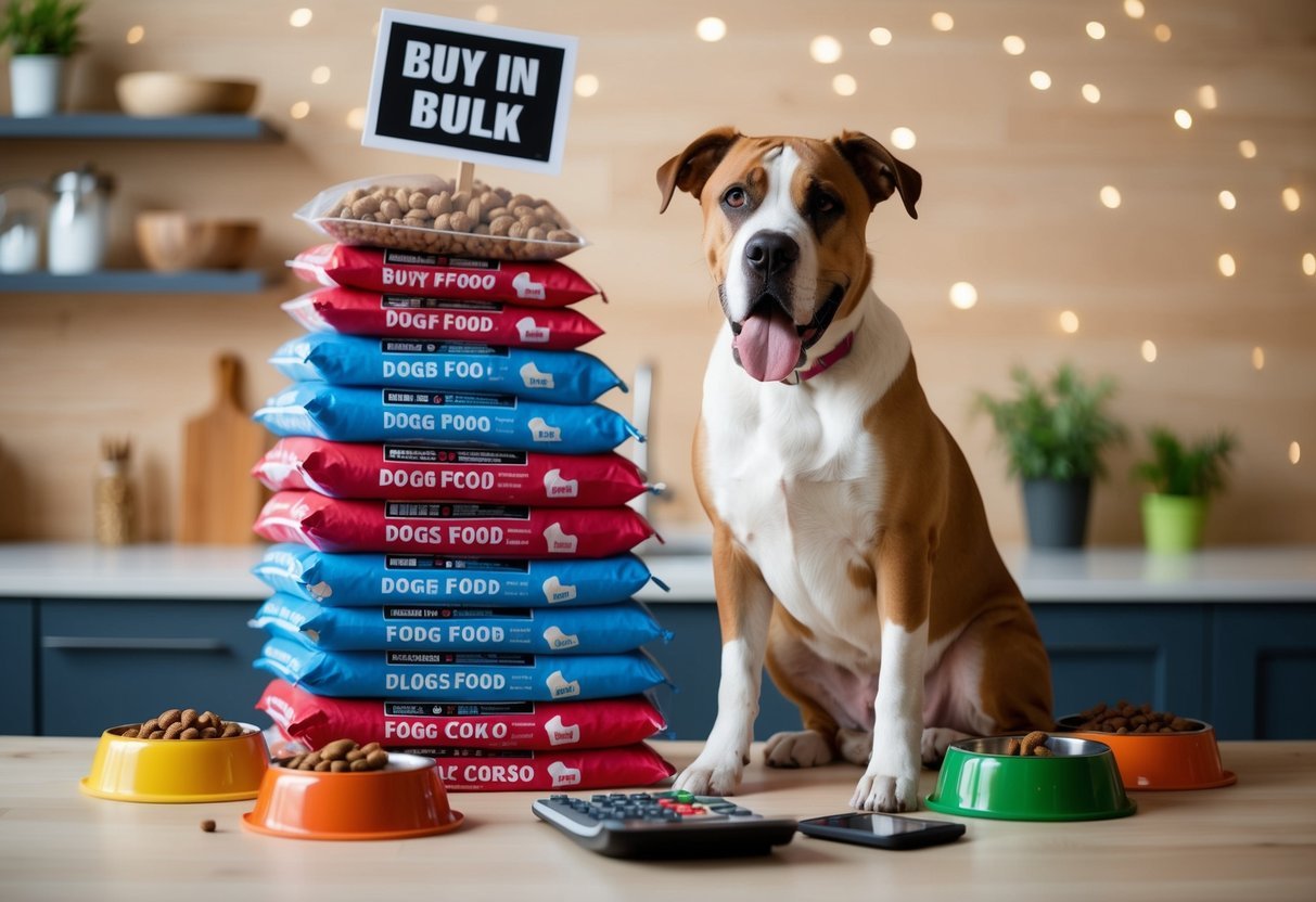 A stack of dog food bags with "Buy in Bulk" sign, a calculator, and a happy Cane Corso surrounded by food bowls