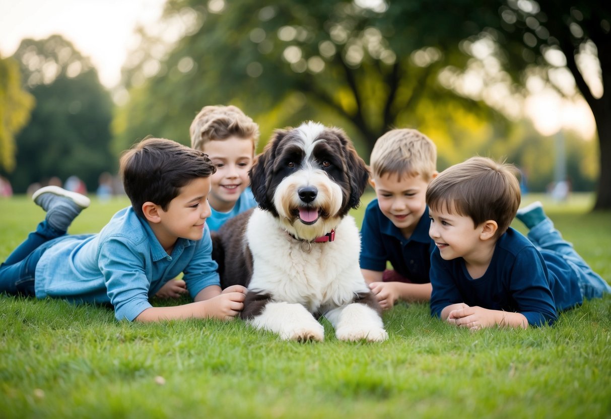 A Bernedoodle surrounded by children, playing and cuddling in a park