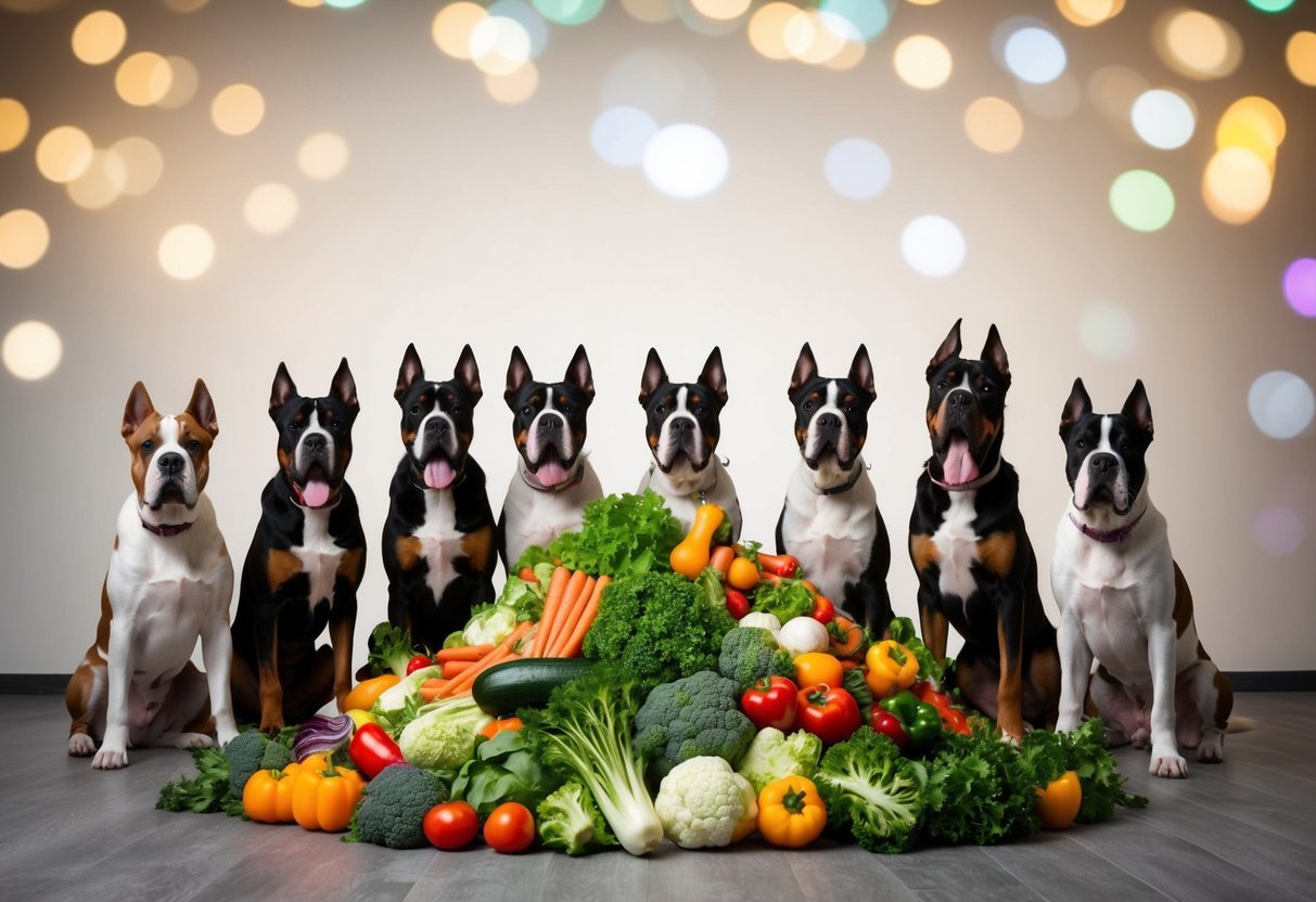 A colorful array of assorted leftover vegetables arranged in a neat pile, surrounded by six Cane Corso dogs eagerly waiting to be fed