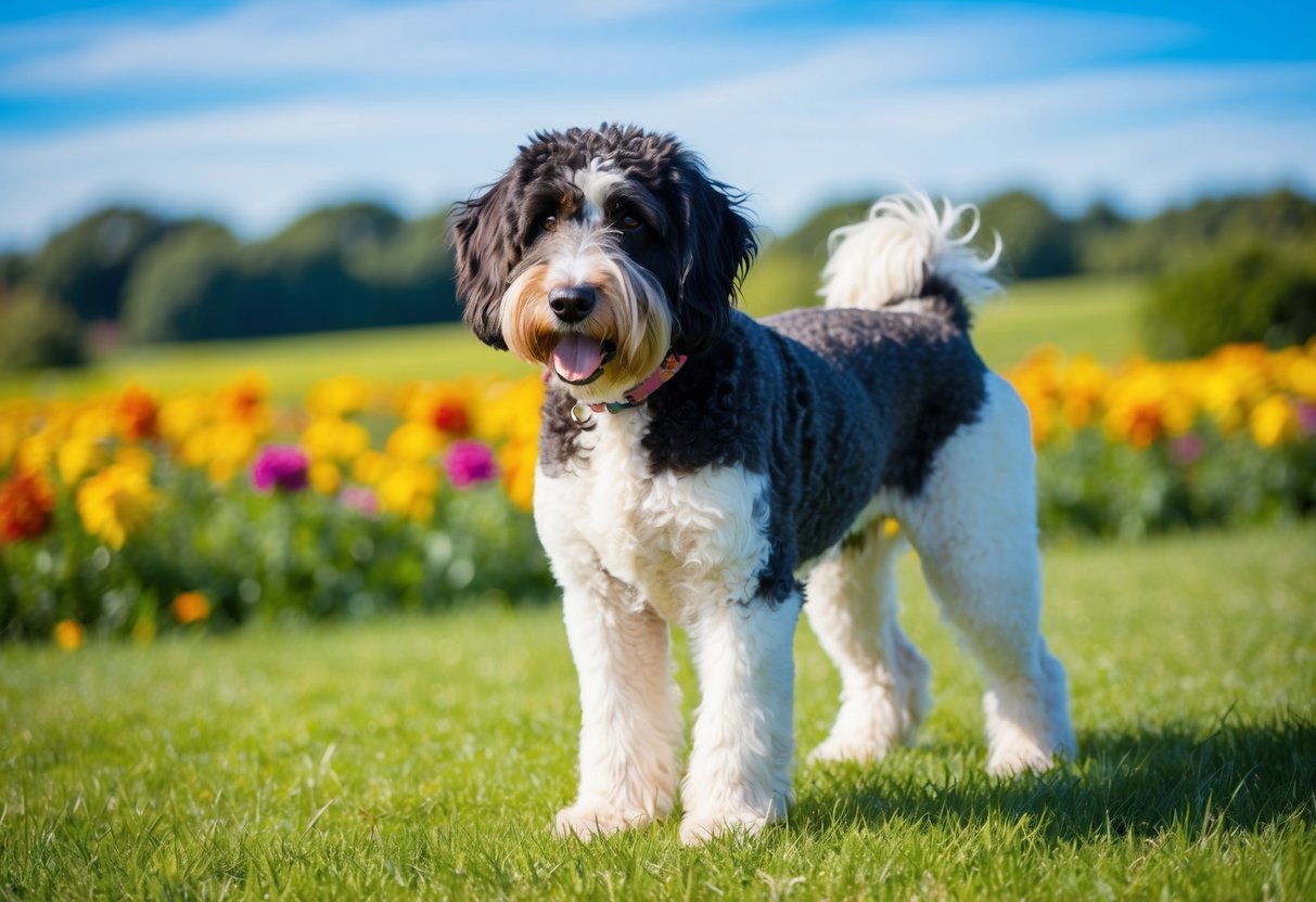 A Bernedoodle with a unique curly coat stands proudly in a grassy field, surrounded by colorful flowers and a bright blue sky