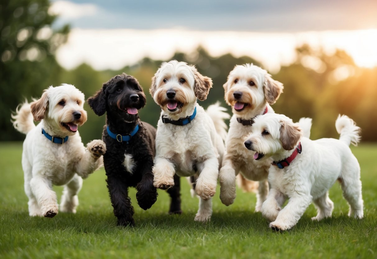 A group of Bernedoodles playing and interacting with each other in a lively and social manner