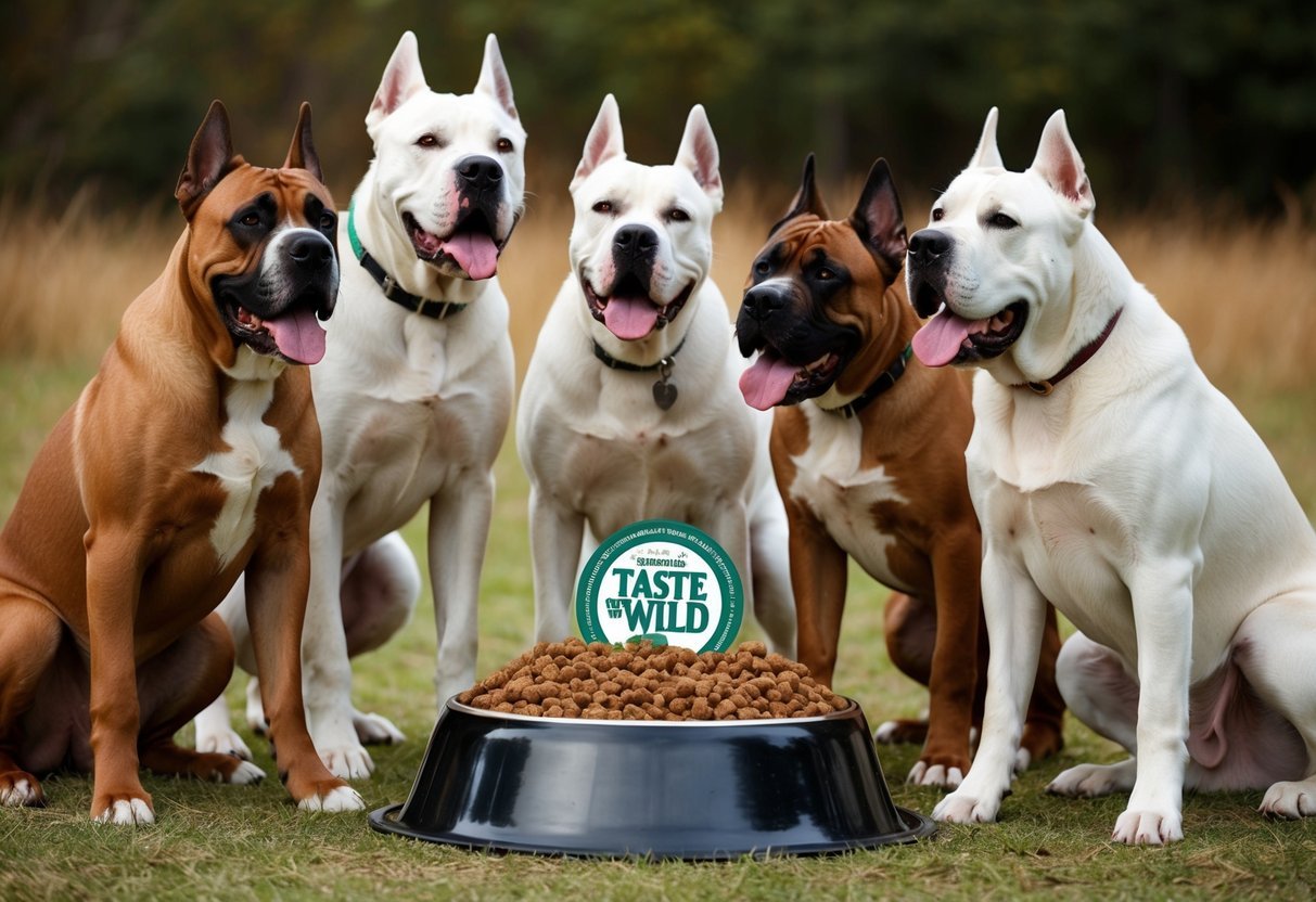 A group of six powerful Cane Corso dogs eagerly gather around a large bowl filled with high-quality Taste of the Wild dog food, their tails wagging in anticipation