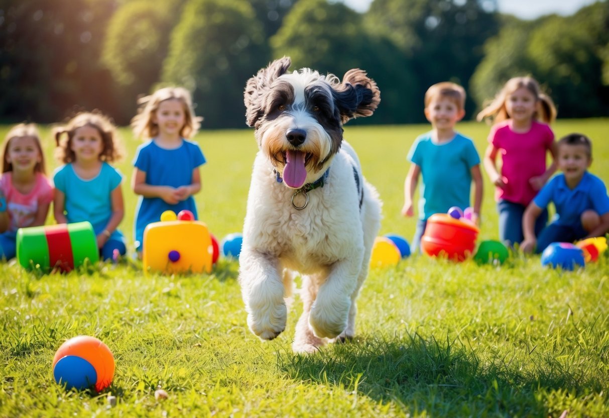 A Bernedoodle running through a sun-dappled field, tongue lolling and tail wagging, surrounded by colorful toys and a group of happy children