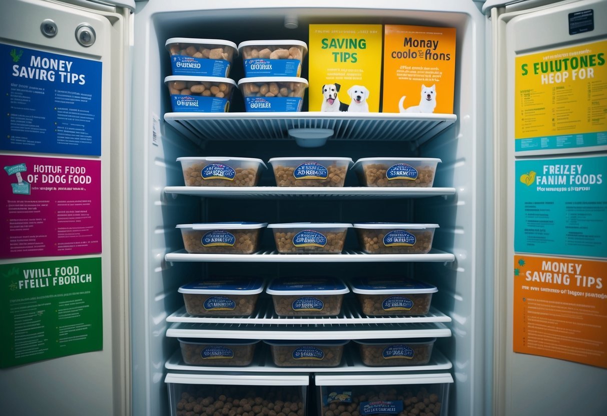 A freezer filled with neatly packaged portions of dog food, surrounded by money-saving tips written on colorful posters