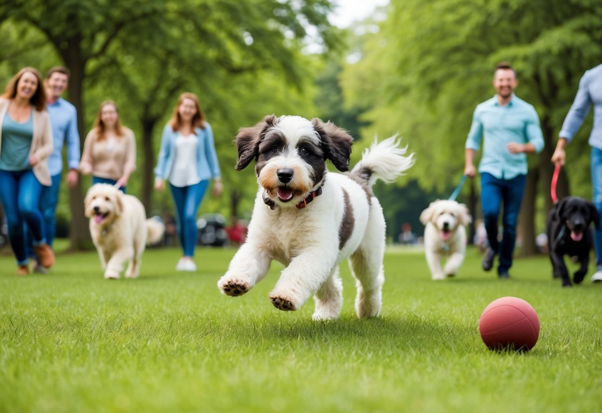 A playful Bernedoodle pup chasing a ball in a lush green park, surrounded by happy families and other dogs