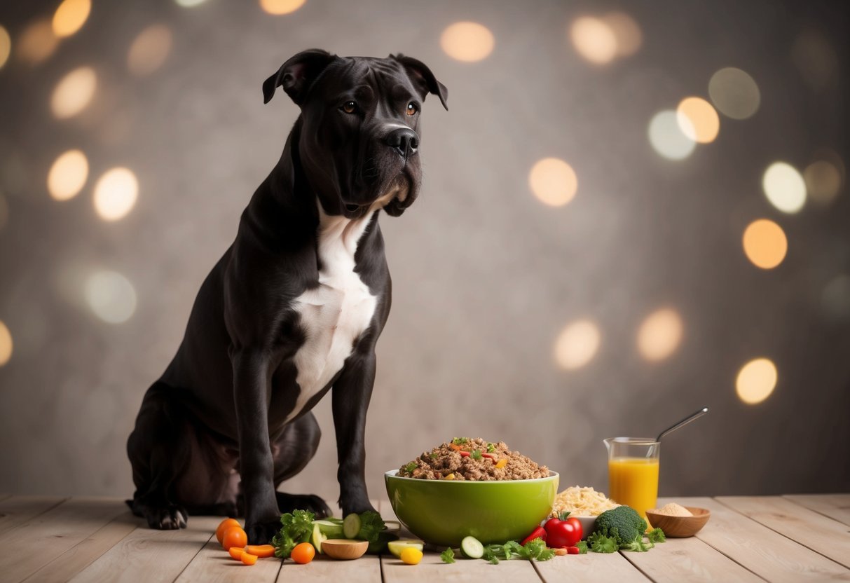 A Cane Corso dog sitting next to a bowl of balanced and healthy food, with various nutritious ingredients scattered around the bowl