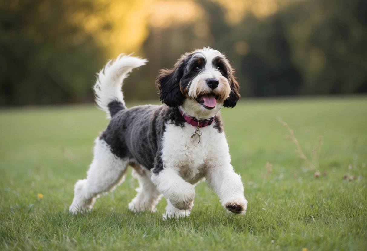 A Bernedoodle playing in a grassy field, wagging its tail and looking up with a happy expression