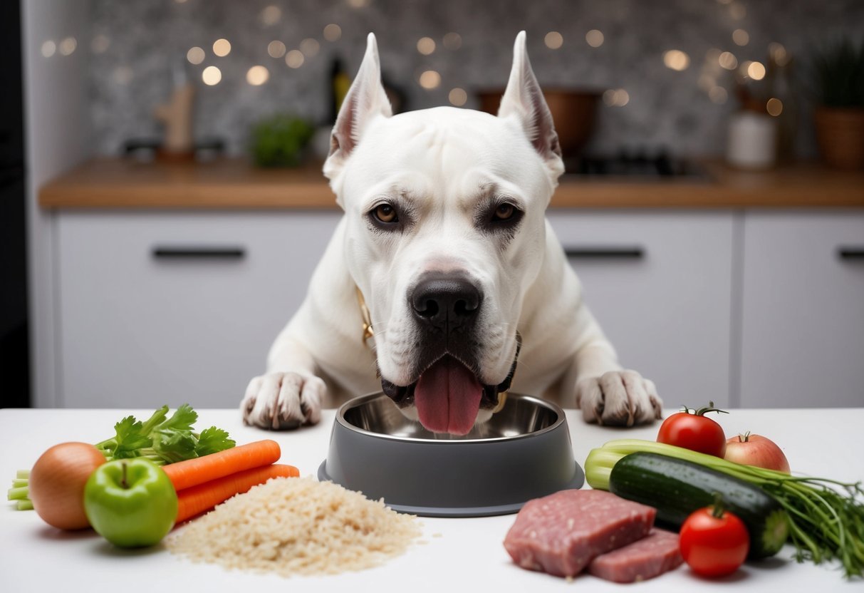 A Cane Corso dog eating from a simple, unbranded food bowl, surrounded by various cost-effective food items such as rice, vegetables, and lean meats