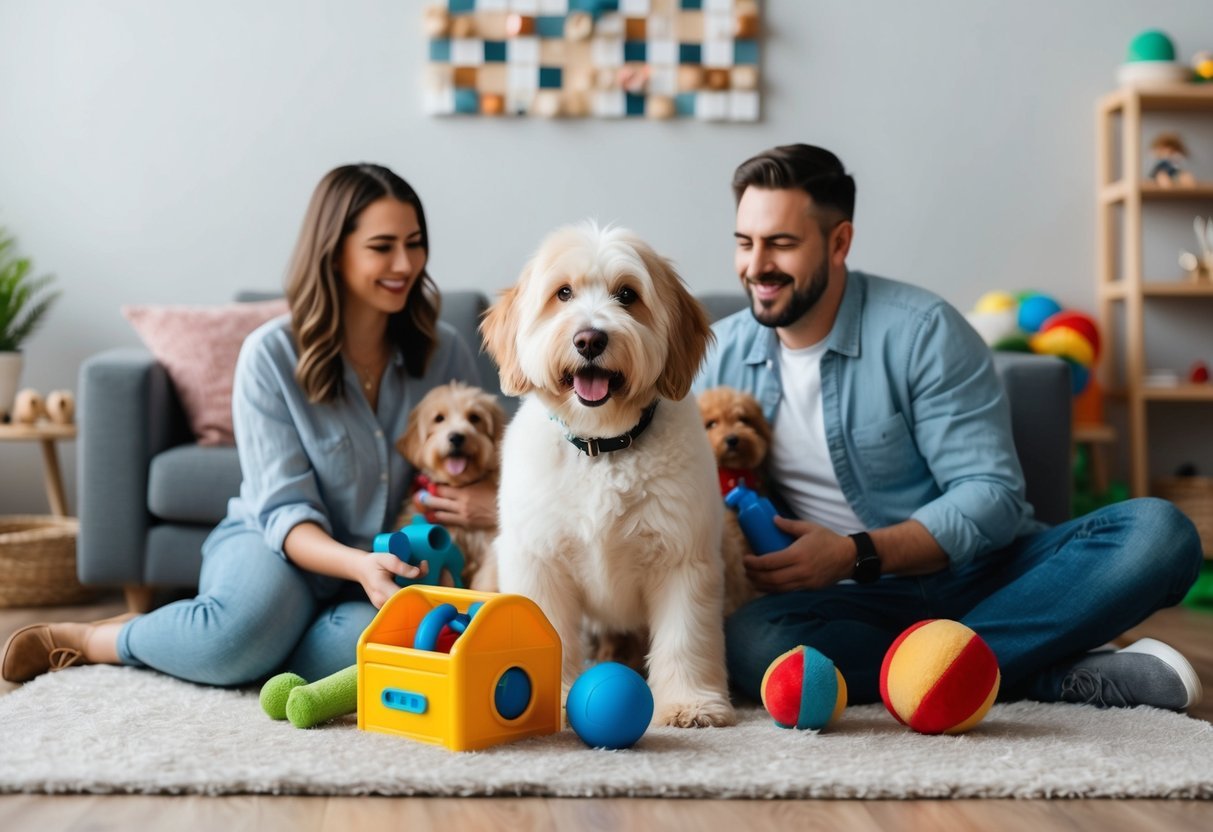 A playful Bernedoodle surrounded by toys and a loving family