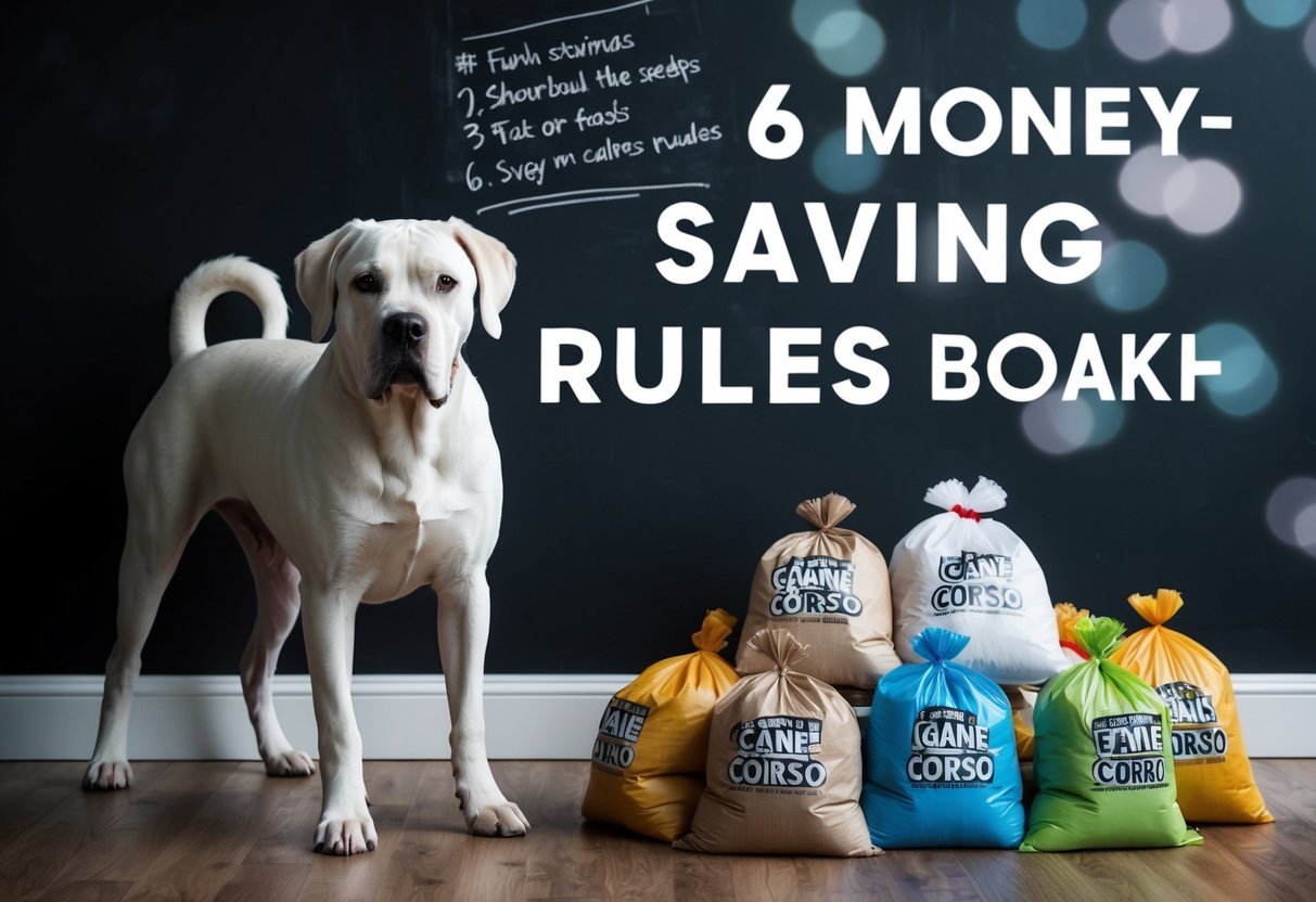 A Cane Corso standing near a pile of food bags, with six money-saving rules written on a chalkboard in the background