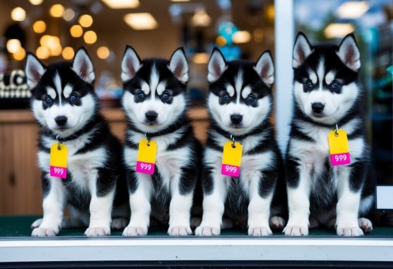 Four adorable husky puppies with price tags, sitting in a row