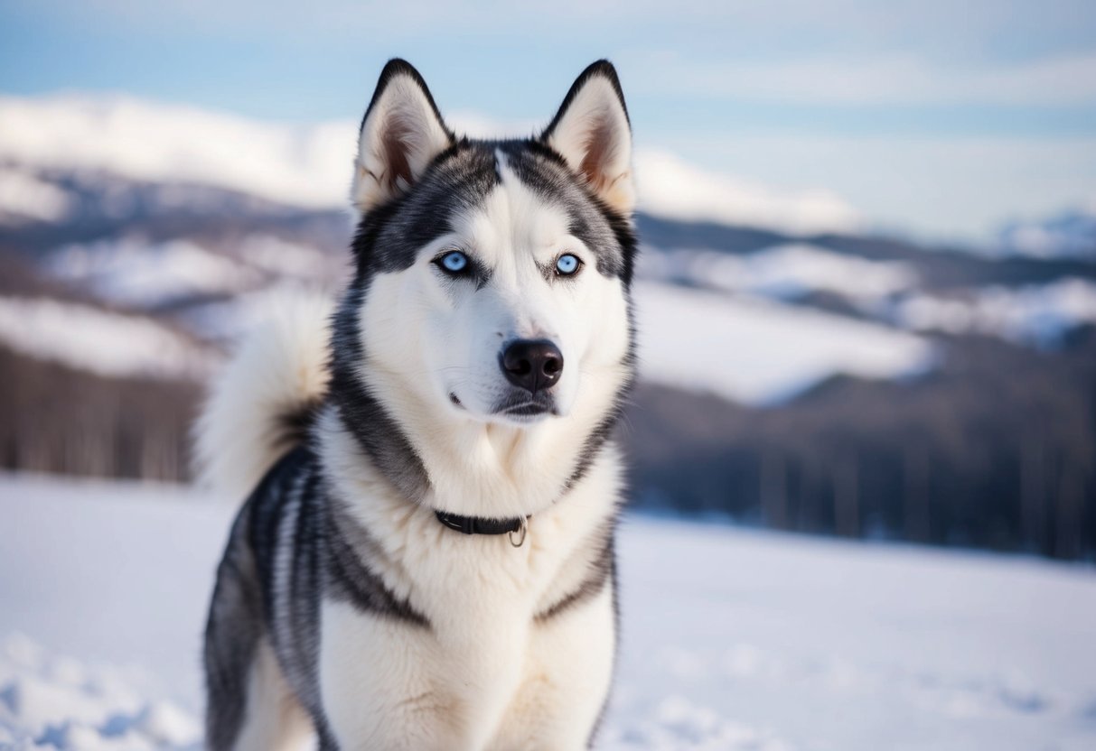 A rare white husky stands proudly in a snowy landscape, its piercing blue eyes gazing into the distance