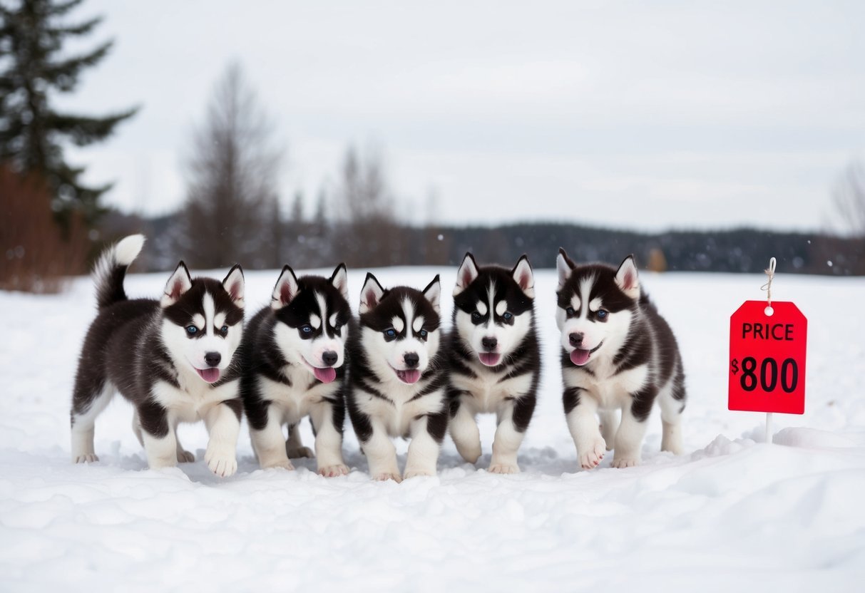 A litter of Siberian Husky puppies playing in a snowy landscape, with a price tag of $800 displayed nearby