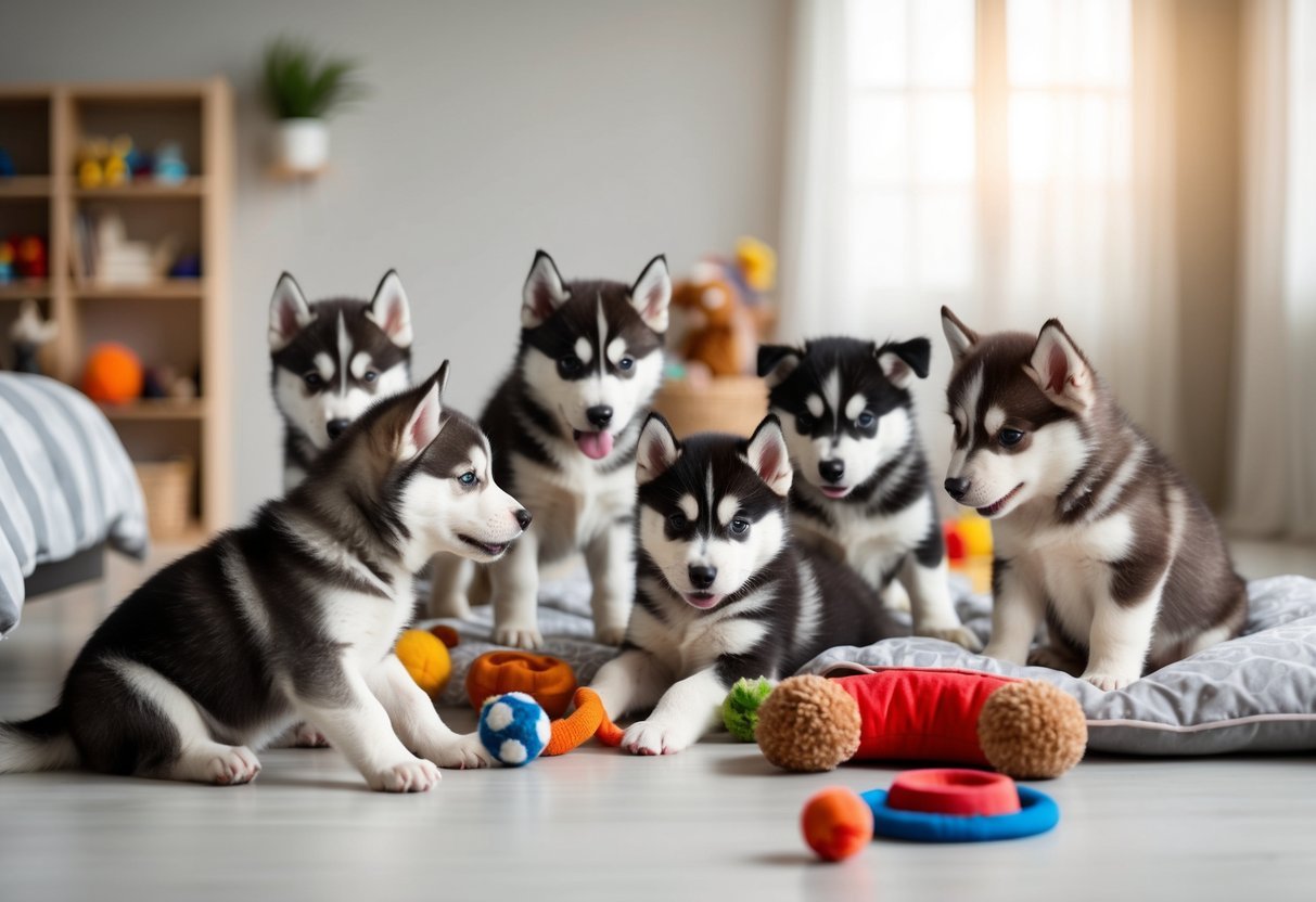 A group of husky puppies of varying colors and sizes playfully interact in a spacious, well-lit room, surrounded by toys and comfortable bedding