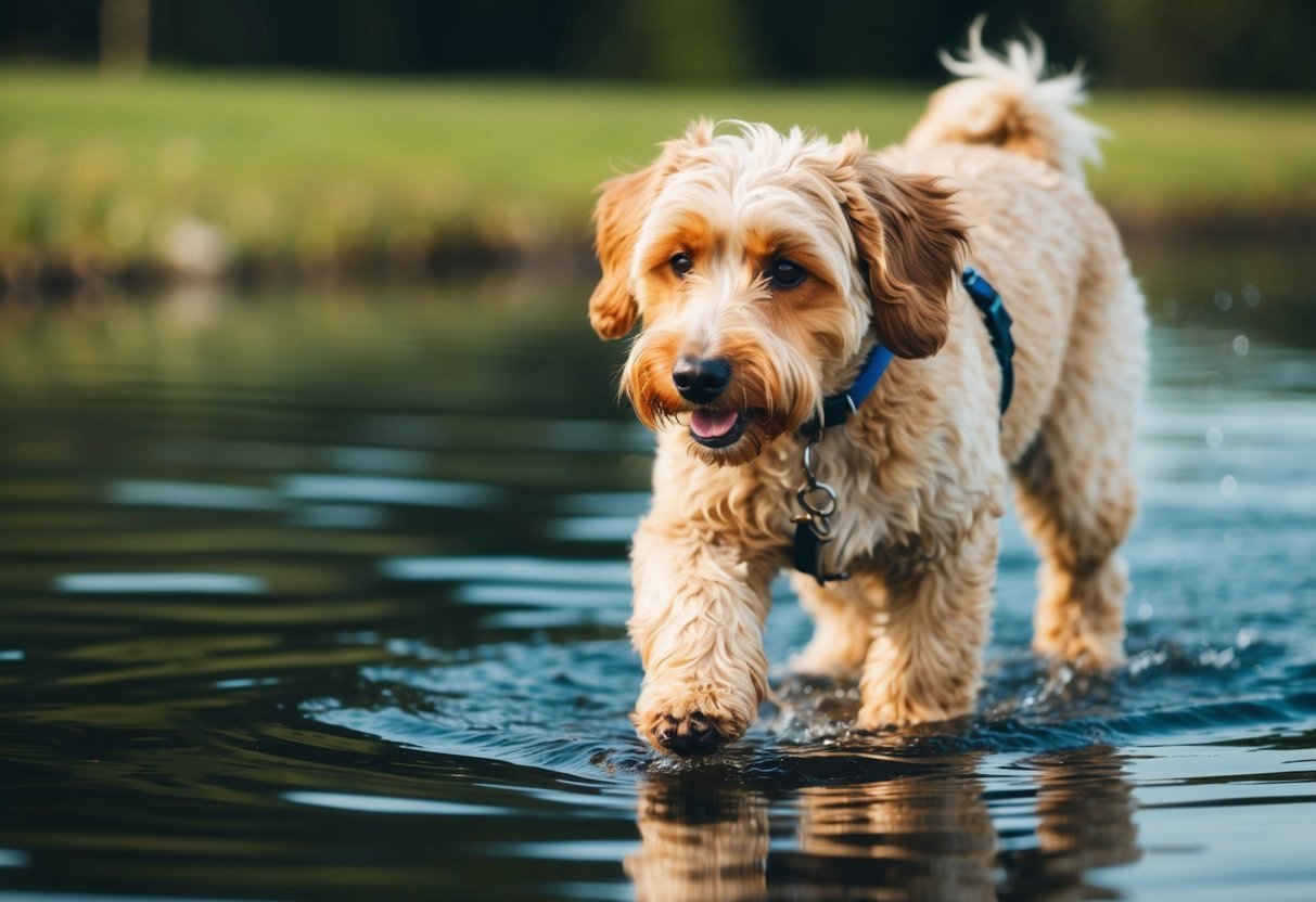 An Aussiedoodle hesitantly approaches a body of water, with a nervous expression and cautious body language