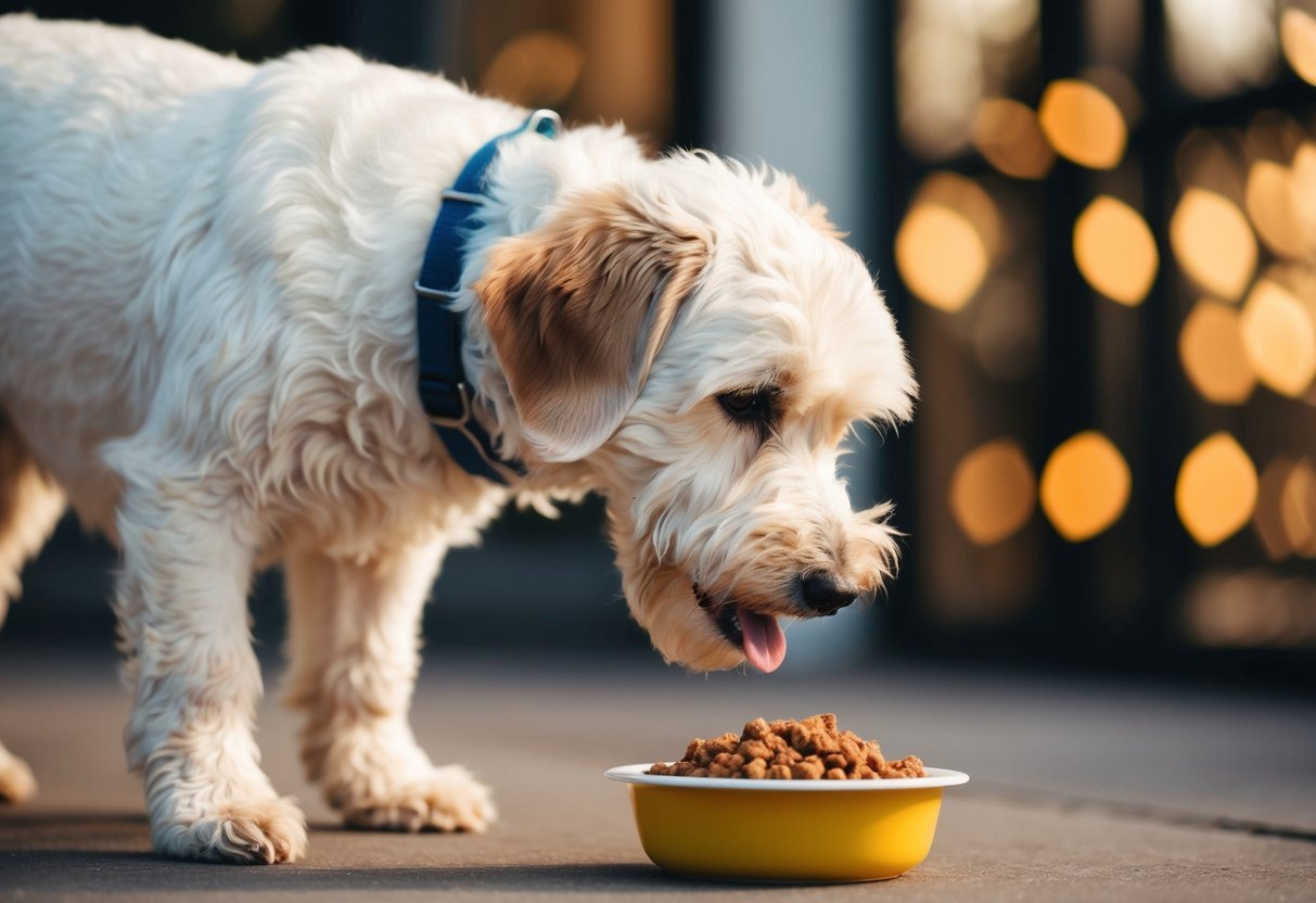 An Aussiedoodle sniffs at a bowl of food, turning its head away with a disinterested expression