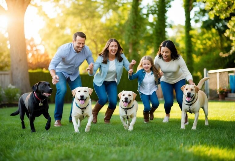 Family and dogs running on green grass in a sunny backyard