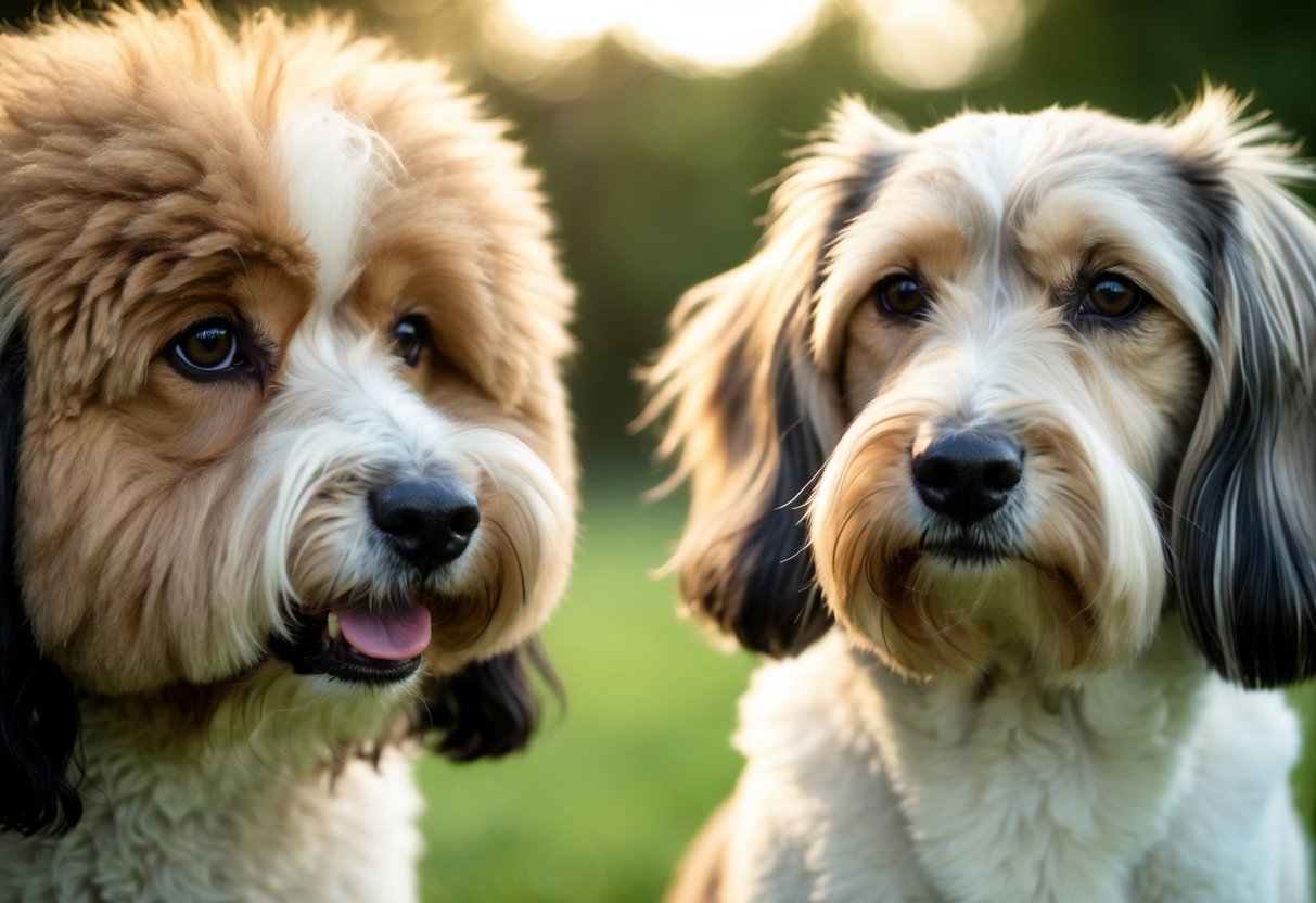 A close-up of two dog heads side by side, one with a thick, fluffy coat and the other with a sleek, smooth fur texture