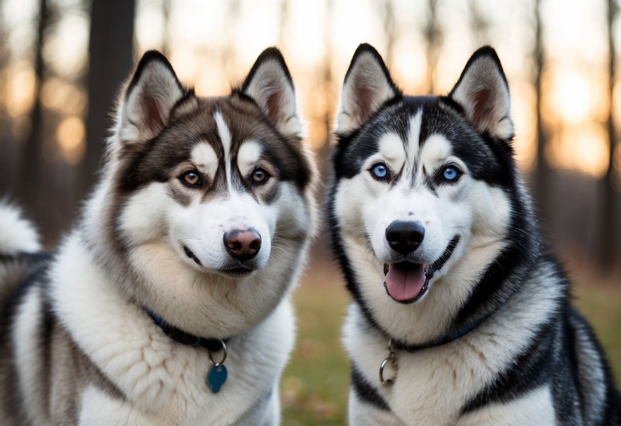 A Malamute and a Husky stand face to face, their eyes displaying distinct color variations - one with deep brown eyes and the other with piercing blue eyes