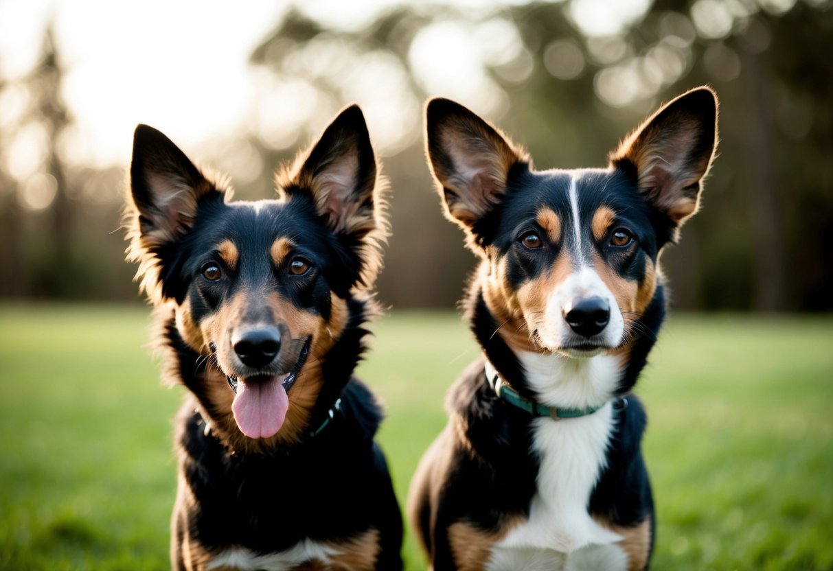 Two dogs standing side by side, one with pointed, erect ears and the other with slightly smaller, rounded ears