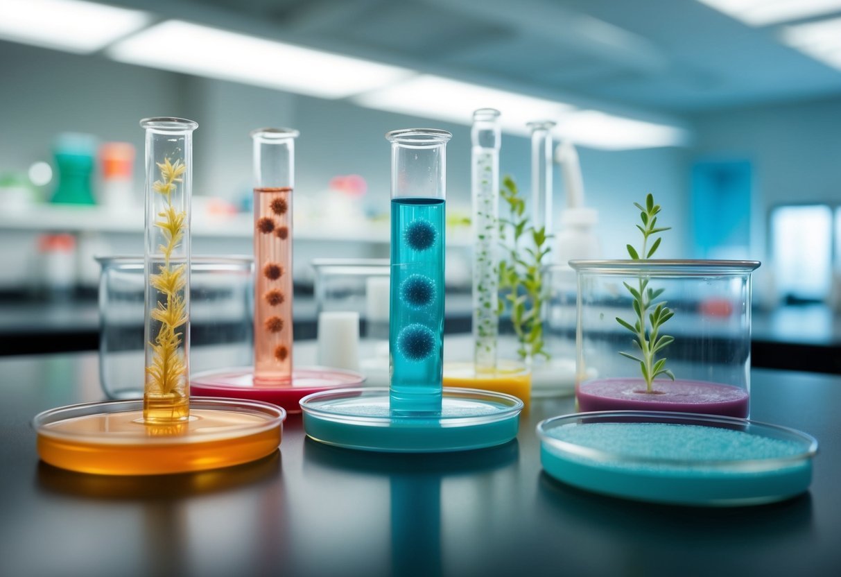 A laboratory with eight distinct growth patterns displayed in petri dishes