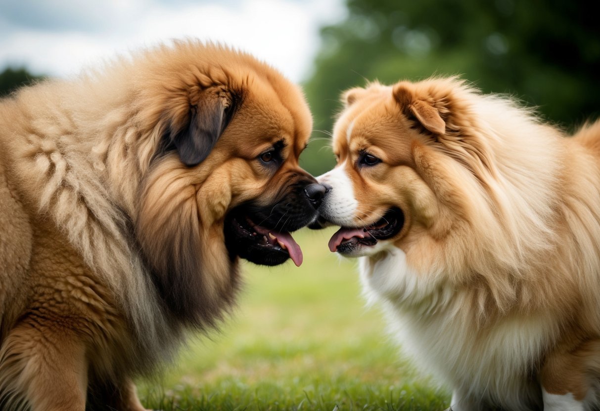 Two large, fluffy dogs face each other, one with a thick, bushy tail and the other with a more slender, curved tail.</p><p>Their expressions and body language show distinct differences in temperament and behavior