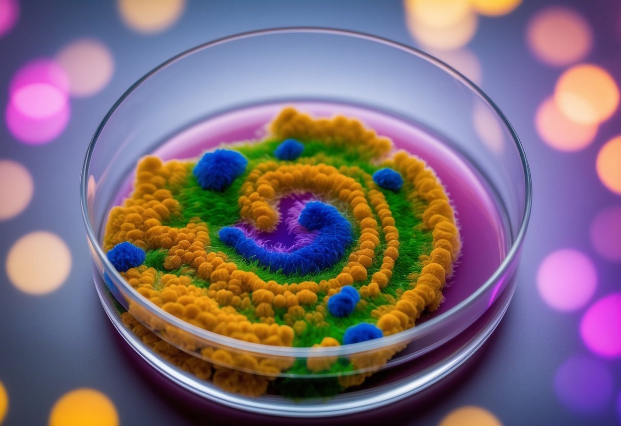 A petri dish filled with colorful, swirling patterns of agar growth, resembling a mesmerizing and unexpected masterpiece