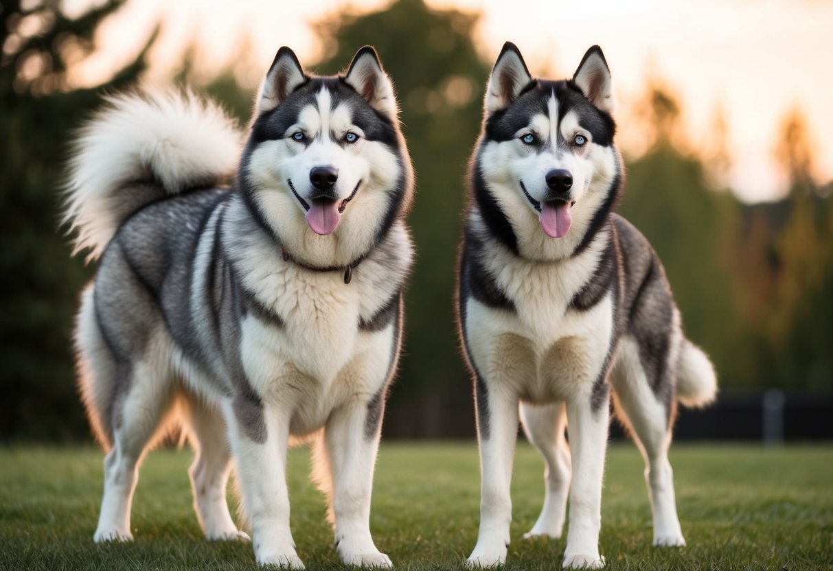 A Malamute and Husky stand side by side, their distinct features highlighted.</p><p>The Malamute's larger size and bushy tail contrast with the Husky's sleeker build and distinctive facial markings
