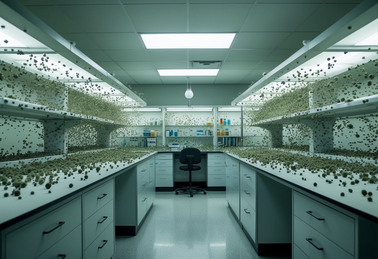 A laboratory overrun by silent spores, growing in intricate patterns across the surfaces