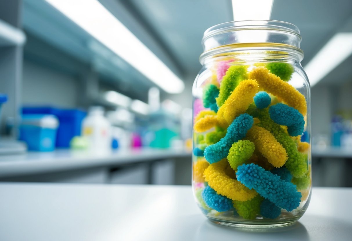 A clear glass jar filled with colorful, swirling bacterial patterns, illuminated by soft laboratory lighting