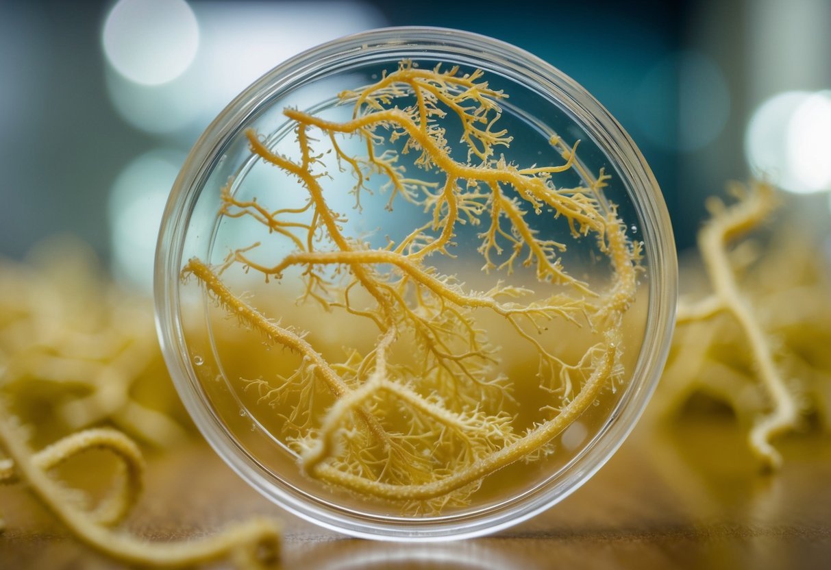 A petri dish with wild yeast growth patterns, branching and intertwining in a chaotic yet mesmerizing display