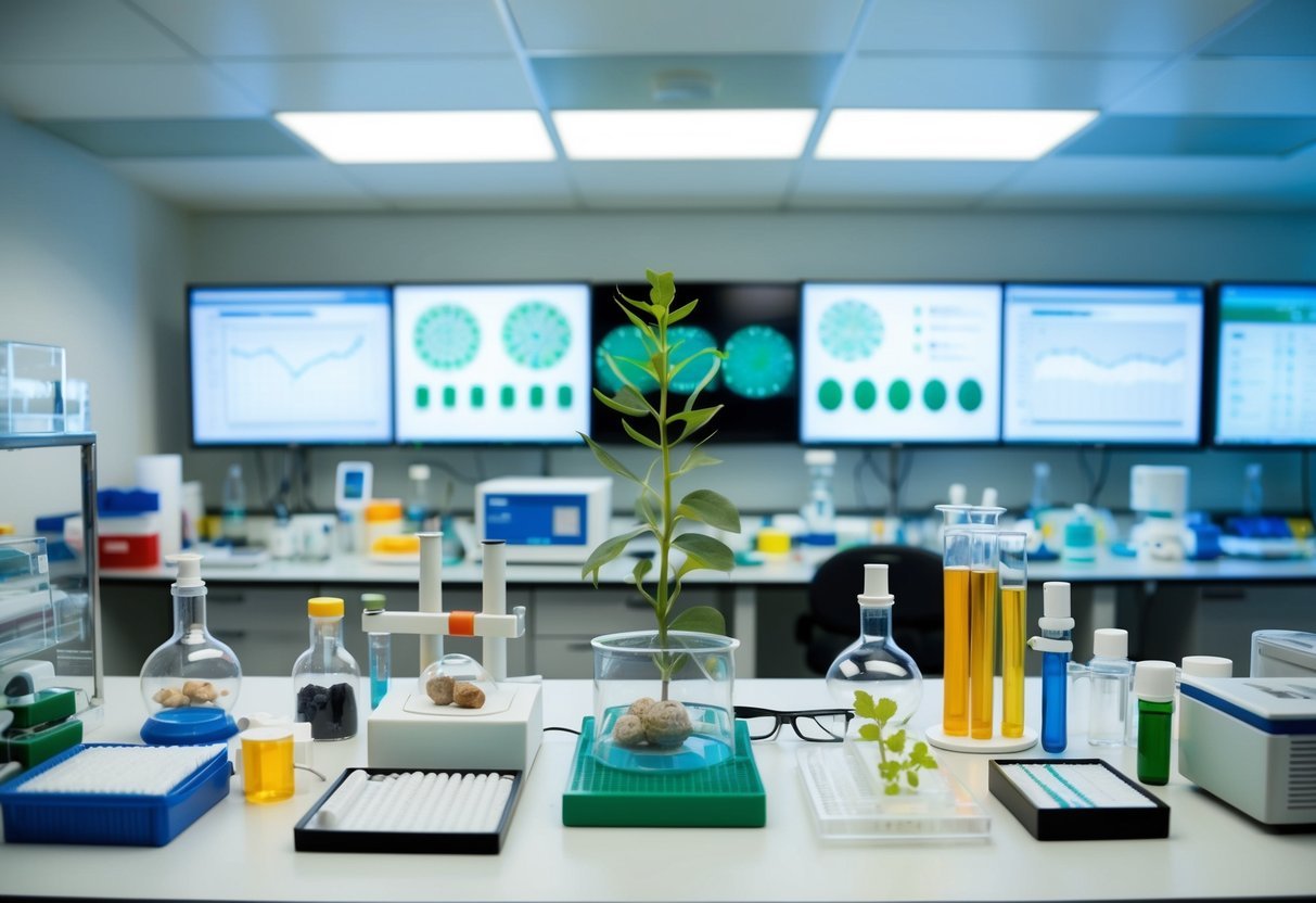 A laboratory filled with various equipment and specimens, with growth patterns displayed on screens and charts