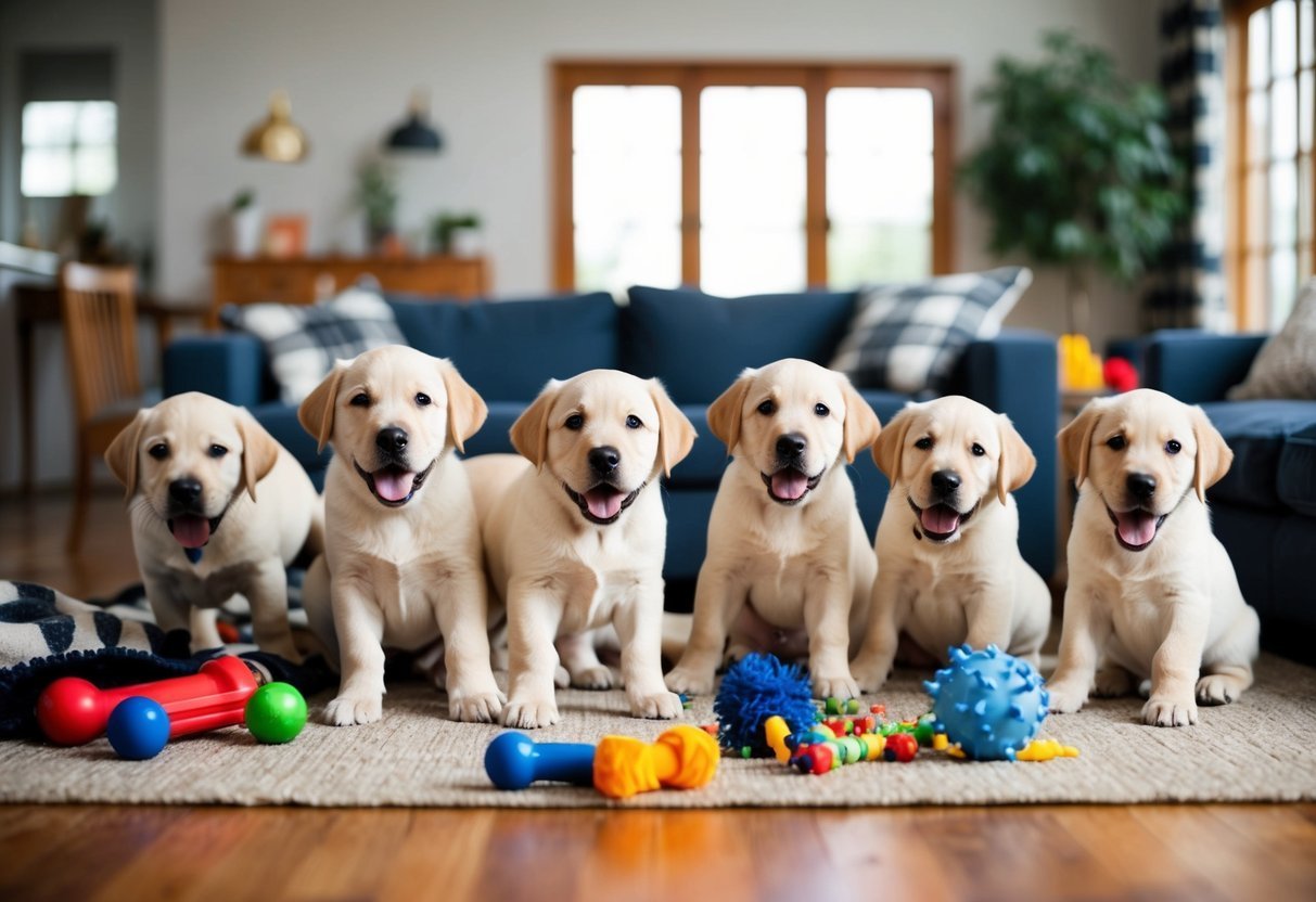 Six adorable yellow Labrador puppies sitting on a rug with toys in a living room