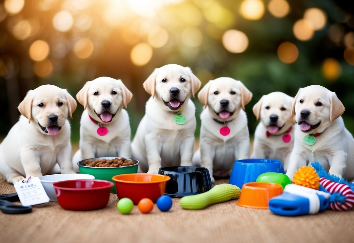 A playful litter of Labrador puppies surrounded by various items, such as food bowls, toys, and grooming supplies, with price tags attached