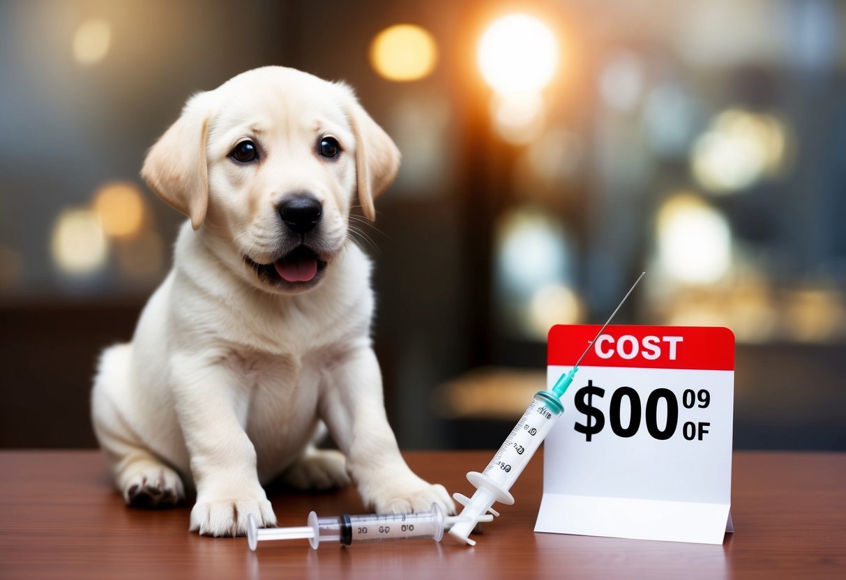 A lab puppy sitting next to a vaccination syringe, with a surprised expression as it looks at the cost displayed on a price tag