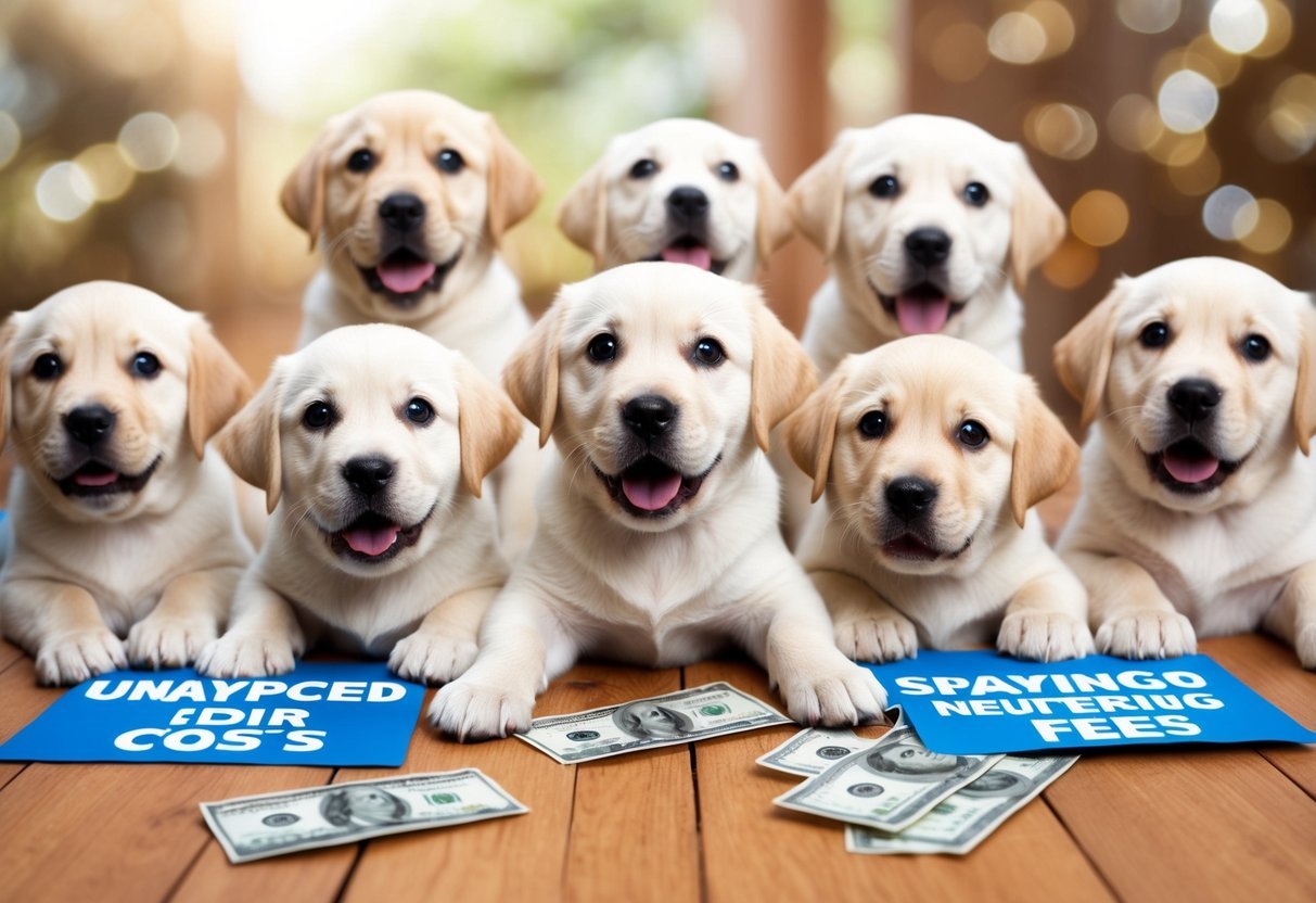 A litter of adorable lab puppies surrounded by various unexpected costs, such as spaying/neutering fees, with surprised expressions on their faces