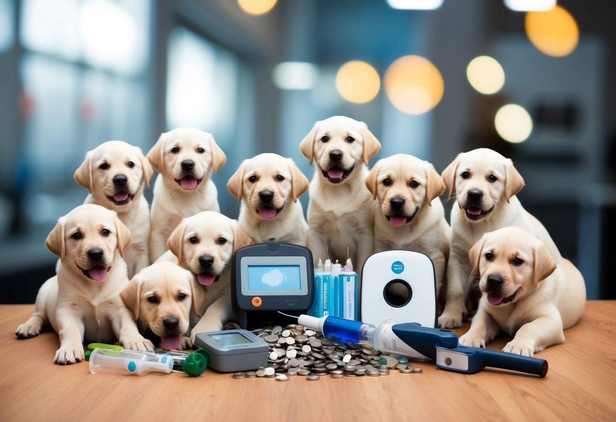 A litter of eight Labrador puppies playfully surrounds a pile of microchipping supplies, including a scanner, syringes, and ID tags