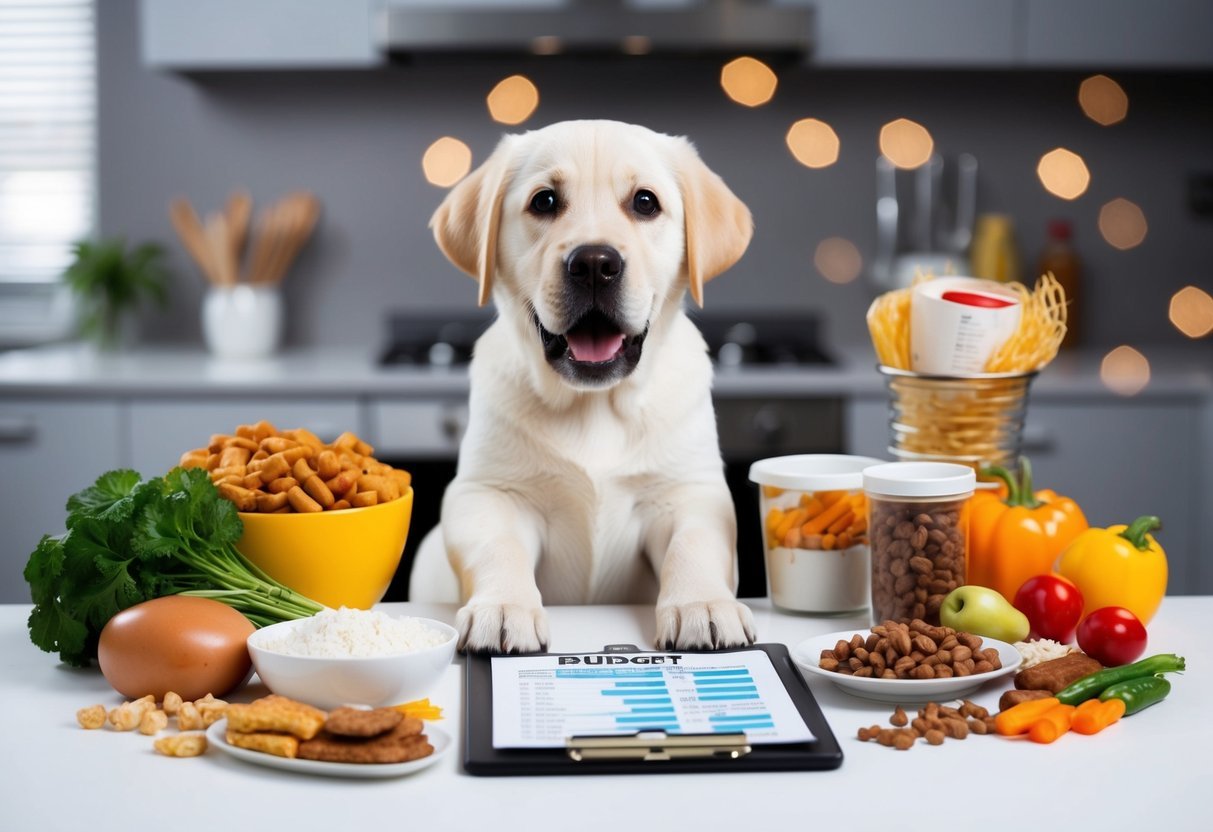 A labrador puppy surrounded by various food items, with a budget sheet and surprised expressions