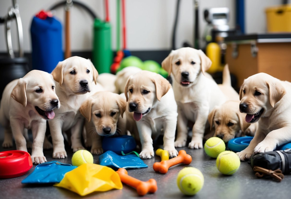 A litter of playful lab puppies surround various training equipment, creating a chaotic yet endearing scene.</p><p>Toy bones, treat bags, and chewed-up tennis balls litter the floor