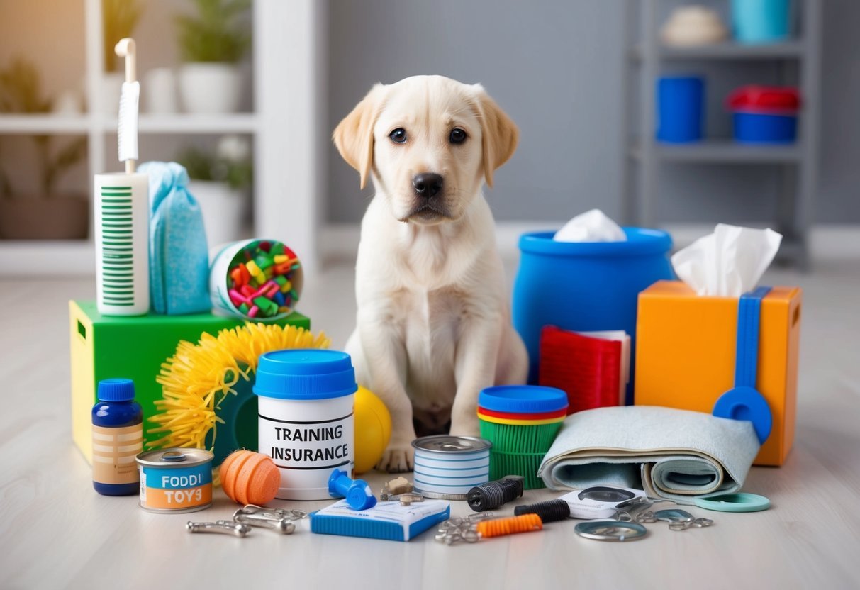 A labrador puppy surrounded by various unexpected expenses such as food, toys, grooming supplies, vet bills, training classes, and pet insurance
