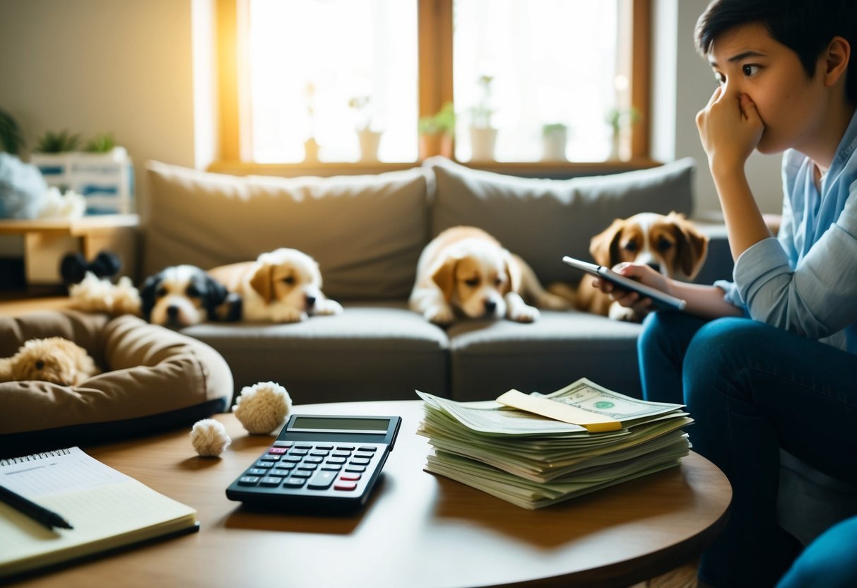A cozy living room with scattered puppy toys, a dog bed, and a stack of bills on the coffee table.</p><p>A calculator and notebook sit nearby, with a worried expression on a person's face