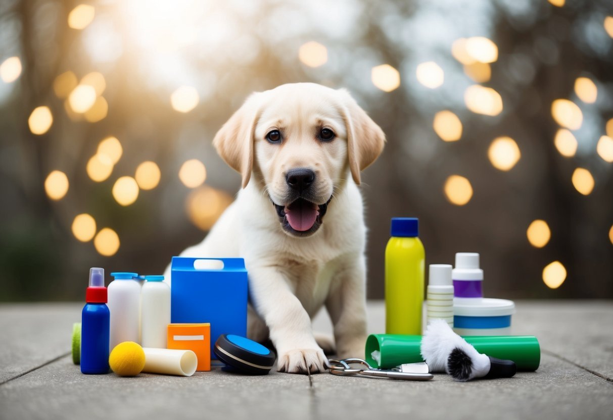 A playful Labrador puppy surrounded by various items representing unexpected costs, such as vet bills, training classes, and grooming supplies