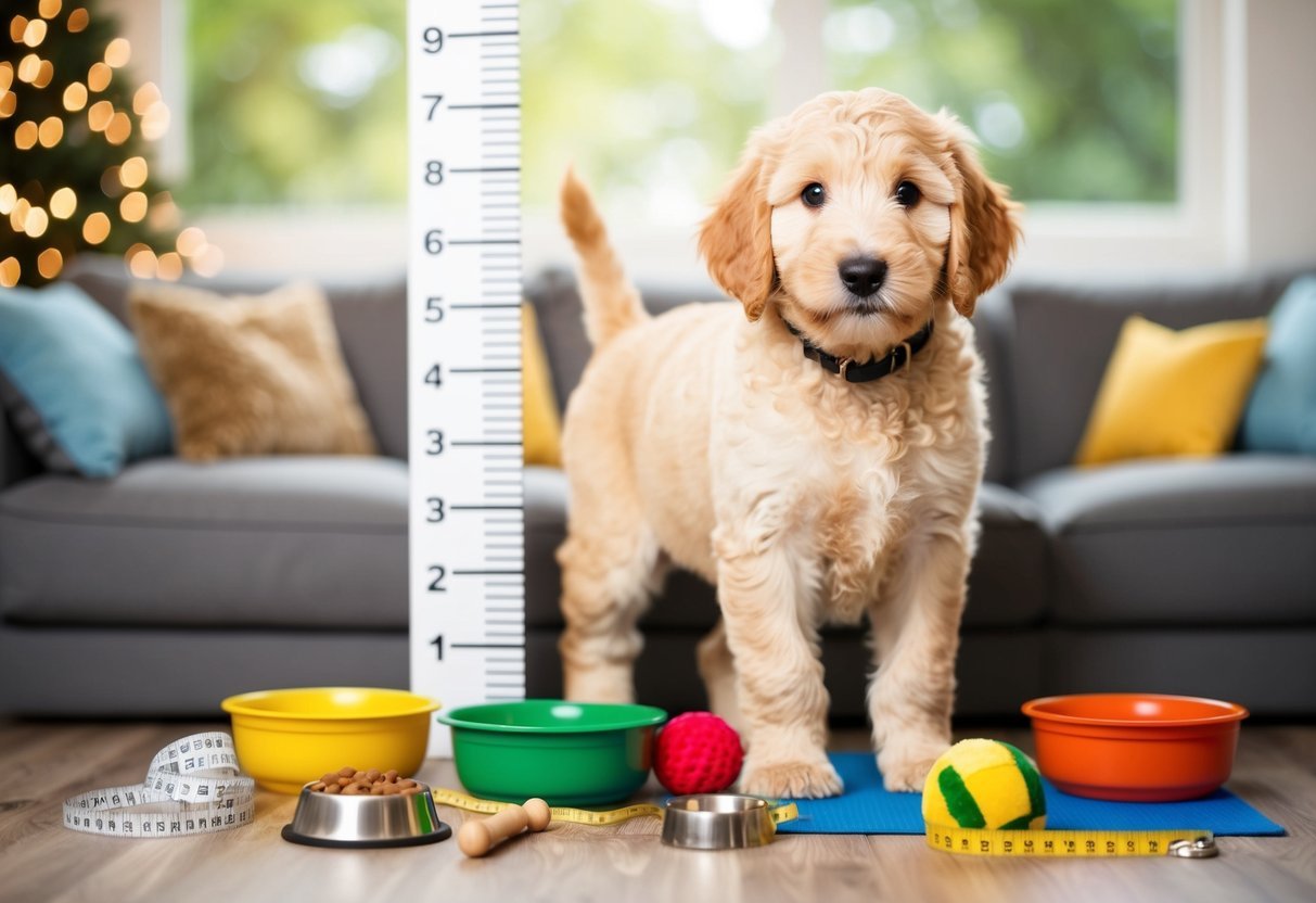 A golden doodle puppy standing next to a growth chart, surrounded by various toys, food bowls, and measuring tape