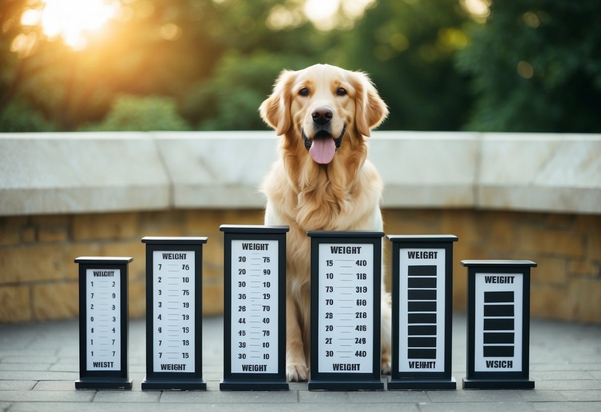 A golden retriever standing next to seven different weight charts