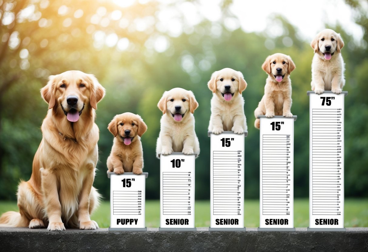 A series of seven weight charts, each showing the progression from puppy to senior for a Golden Retriever